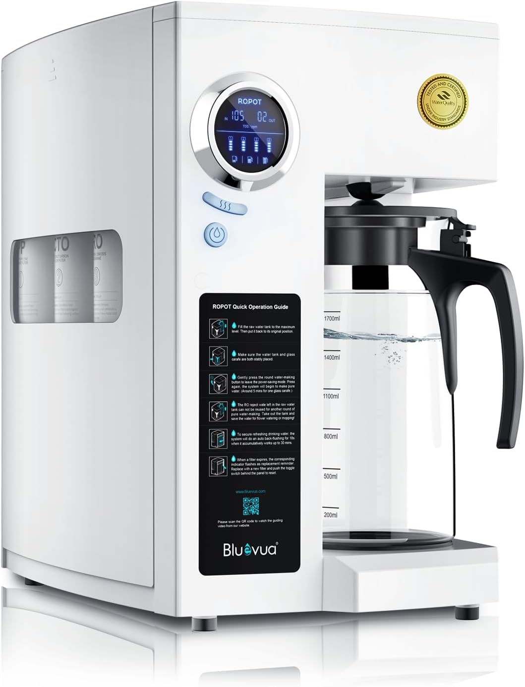 Bluevua RO100ROPOT countertop reverse osmosis water filter with glass carafe