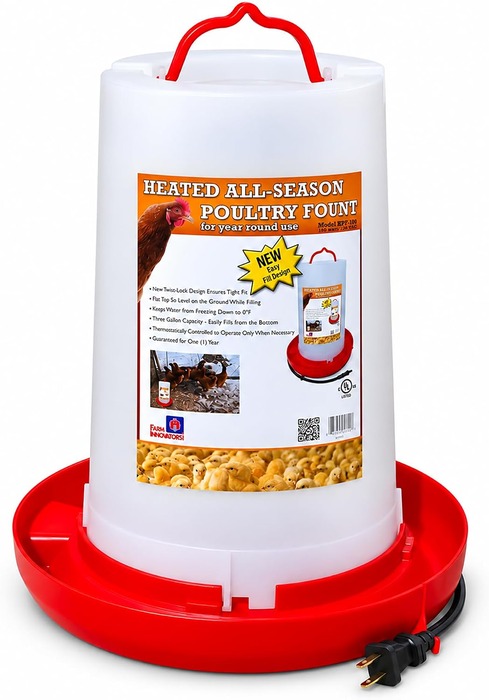 Farm Innovators HPF-100 three-gallon heated poultry fountain